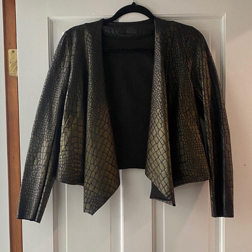 Blank NYC Faux Croc-Embossed Open Front Jacket - Olive & Black